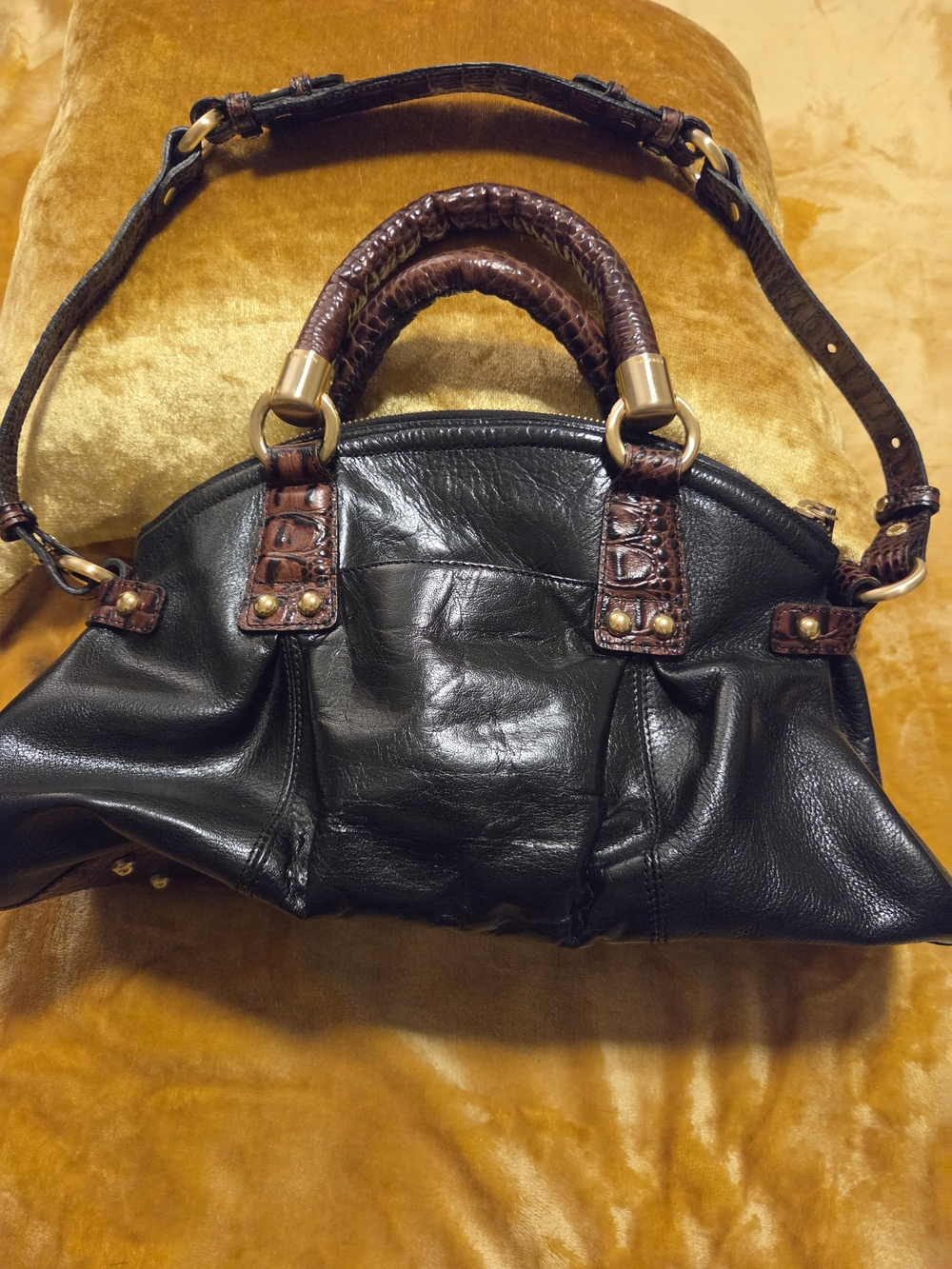 Brahmin Black Leather Shoulder Bag with Brown Croc-Texture Handles